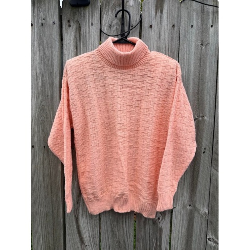 Vintage Retro 80s Donagain Turtleneck Sweater Large Peach Basketweave Knit USA